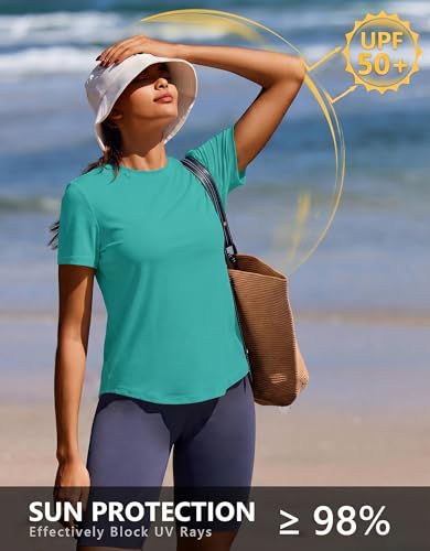 PINSPARK Women's Short Sleeve Workout T-Shirt - Basic Crewneck Top, Large Teal