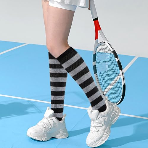 Knee High Socks for Women - Long Tube Socks, Grey & Black Stripes
