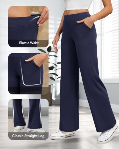 COPYLEAF Women's Wide Leg Yoga Pants with Pockets - Navy Blue, Large