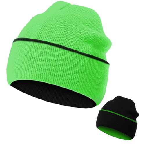 Unisex Reversible Winter Beanie - Knit Cuff Warm Hat - Black/Bright Green