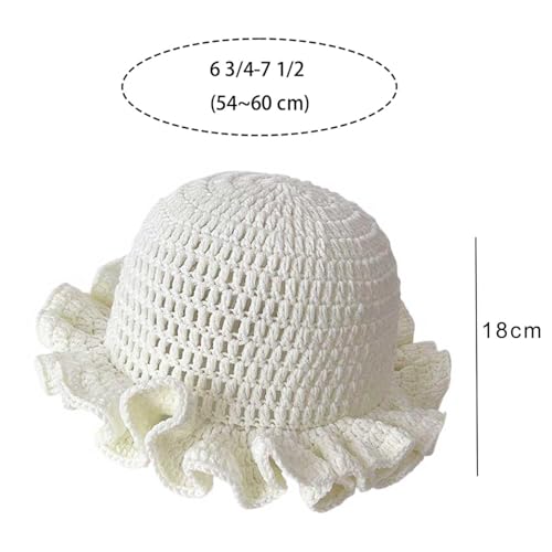 Women Crochet Bucket Hat Handmade Knit Boho Floppy Cap - White, 7-7 1/4