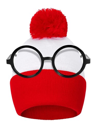 Halloween Red White Knit Beanie with Pompoms & Glasses - Small