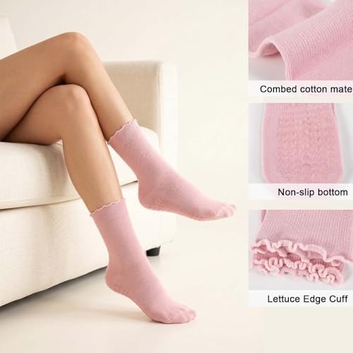 Grip Socks for Women - 6 Pairs Cute Ruffle Non-Slip Cotton - White, Grey, Pink