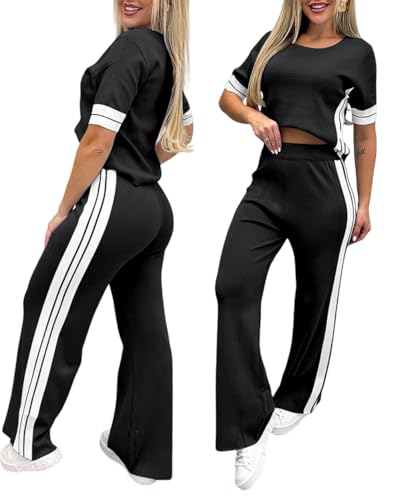 CHICME Women's 2 Piece Knit Short Sleeve Fall Outfit Set - Large Black