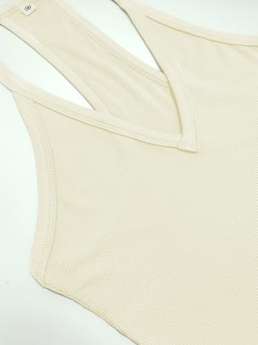 iGENJUN Women's Summer Racerback Tank Top Cream Large Slim Fit Ribbed V Neck