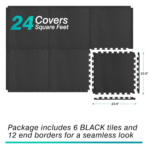 Mat Block Interlocking Foam Puzzle Tiles 24 sq ft, 0.75 Inch Thick, Black Gym Flooring