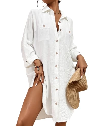 Women’s White Swimsuit Cover Up Blouse Button Down Dress - Medium