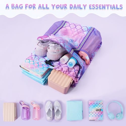 WAWSAM Mermaid Kids Drawstring Backpack with Bottle Pockets – Girls School & Travel Bag