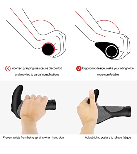 Ergonomic Bike Grips - Widen Rubber Grips with Aluminum Lock - Big Horn Shape (Black & Grey)