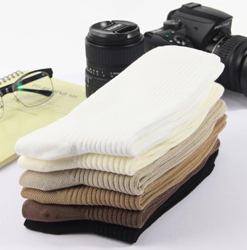 Thin Solid Cotton Crew Socks for Women - Above Ankle, 9-11, Black Cream White Khaki Light Brown Coffee