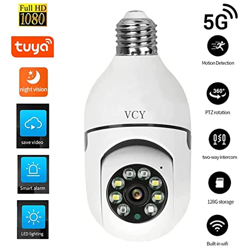 Light Bulb Security Camera, 5GHz 2.4GHz ,Degree Pan/Tilt Panoramic IP Security Camera, TUYA WiFi 1080P Smart Home Surveillance Cam with Motion Detection Alarm Night Vision Two Way Talk Indoor E27