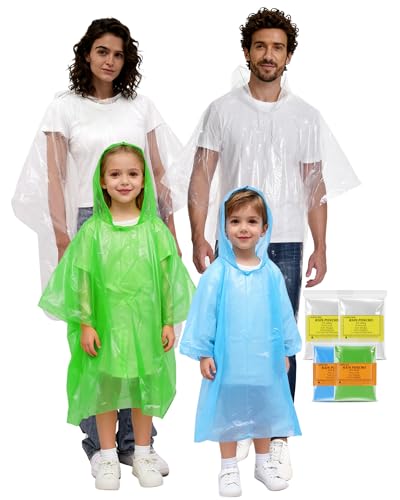 SAIWEYNEE Heavy Duty Rain Ponchos for Adults, Kids & Family - Tear-Resistant Waterproof Hooded Cover (4, 8, 9 & 16 Pack Options)