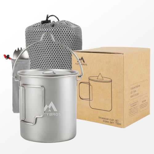THTYBROS 0.8 Quart Titanium Camping Mug with Foldable Handle & Lid - Ultralight Cookware