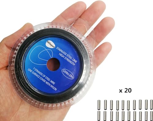10LB Fishing Line Wire Leader - Vinyl Coated Stainless Steel with 20 Crimp Sleeves - Black