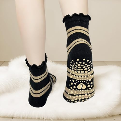 Non-Slip Striped Yoga Socks for Women - 3 Pairs, Size 5-9, White/Khaki/Navy Blue