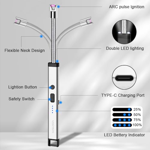 Rechargeable Electric Candle Lighter - Flexible Neck USB Arc Lighter - Silver