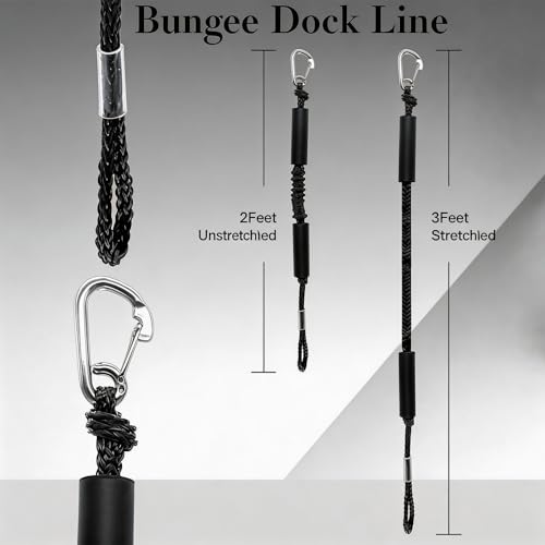 Manifish Bungee Dock Lines for Boats, 2 Pack 2 ft with 316 Stainless Clips – Black