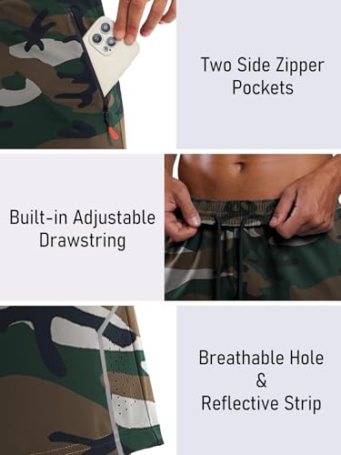 Men's 7 Inch Quick Dry Running Shorts with Zipper Pockets - Green Camo, Large
