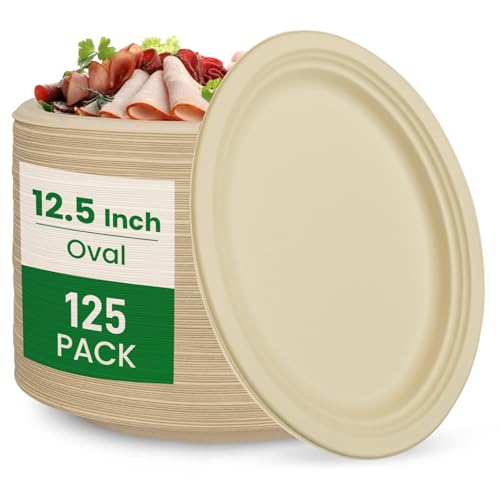 Biocean 12.5 Inch Compostable Oval Plates 125-Pack Natural Sugarcane Bagasse Eco-Friendly