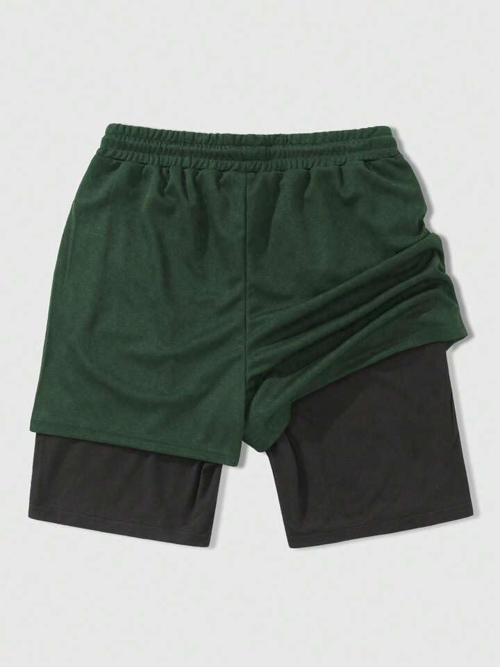 QJQ Men's Green 2-in-1 Goth Graphic Shorts - Medium, Elastic Waist, Summer Casual Workout