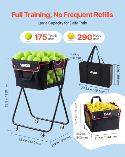 VEVOR 175 Balls Tennis & Pickleball Hopper Cart - Foldable Ball Pickup Basket, Portable Storage for Tennis Training & Sports