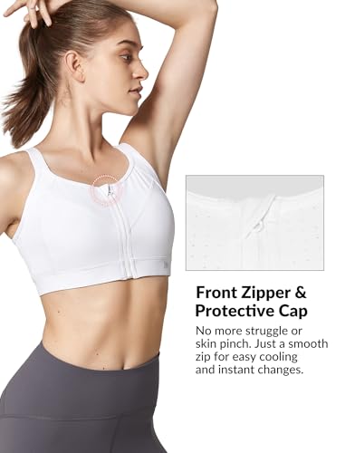 Yvette Adjustable High Impact Sports Bra Zip Front Medium A/C White