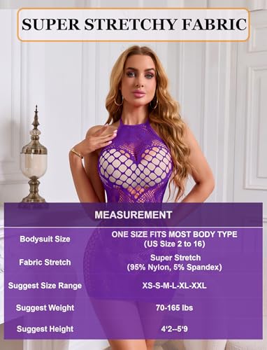 LOLOVANCY Women's Purple One Size Fishnet Lingerie Dress & Hollow Out Swimsuit Cover