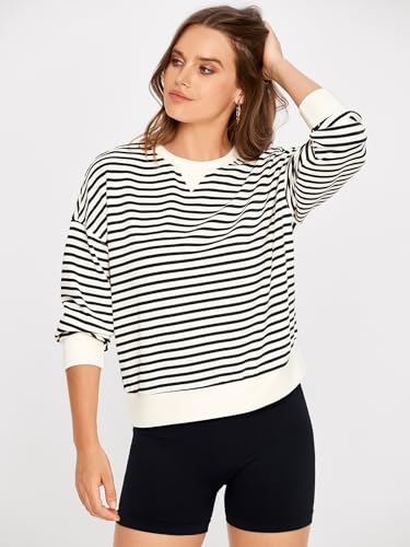 Glamaker Women's Black Stripe Cropped Crewneck Sweatshirt - Casual Long Sleeve Top