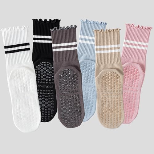 Pilates Socks with Grips - 3 Pairs Non-Slip Ruffle Ankle - White/Black