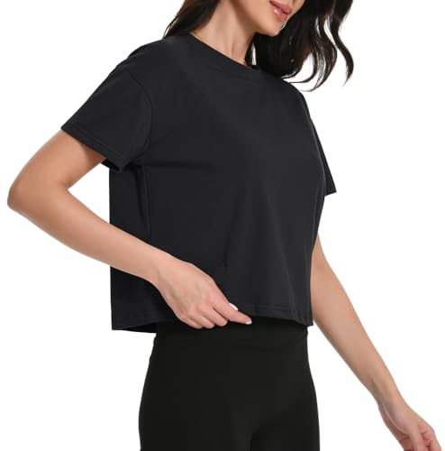 Auriviz Women's Large Black Oversized Cotton Crop Top T-Shirt for Workout