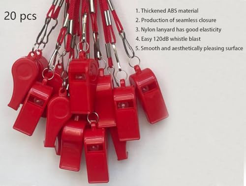 Red Plastic Sports Whistles with Lanyard - 20 Pack Referee & Emergency Use