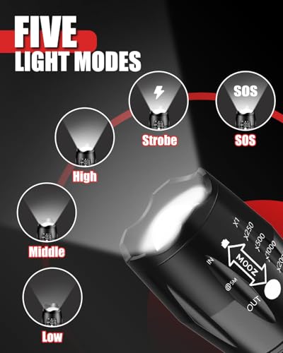 High Lumens LED Flashlight 2 Pack - Waterproof & Zoomable - Black