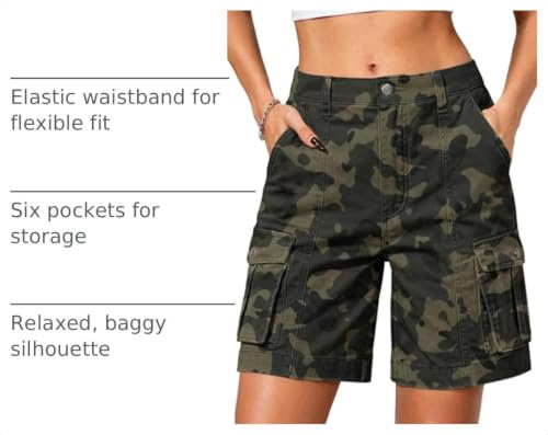 ELLEVEN Women's Camo Bermuda Cargo Shorts High Waist Elastic Hiking | Medium