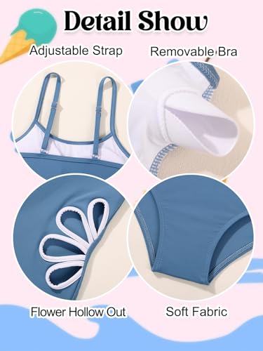 Girls One-Piece Swimsuit with Adjustable Straps - Dusty Blue, 11-12 Years