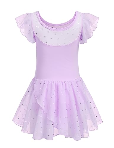 Zaclotre Girls Ballet Leotard with Ruffle Sleeves & Sparkle - Light Purple 4-5T