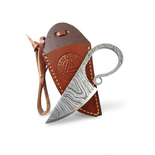 Hand Forged Celtic Viking Knife - Damascus Steel Fixed Blade with Leather Sheath