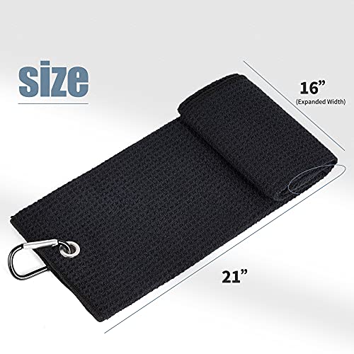Tri-fold Golf Towel - 16" x 24" Microfiber with Carabiner Clip - Black