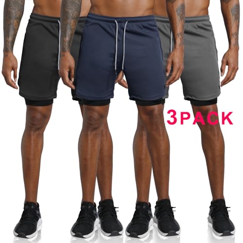 Leidowei Men's 2-in-1 Workout Shorts 7" Length with Zipper Pockets, 3-Pack, Medium, Black/Dark Grey/Dark Blue