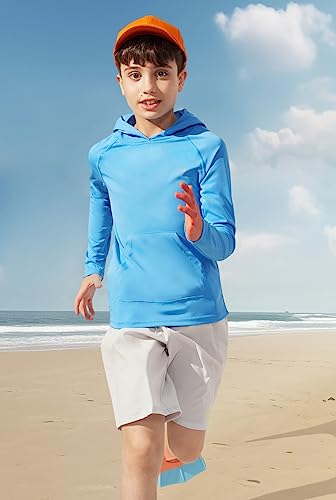 Rash Guard Swim Shirt for Boys - UPF 50+ Hooded - Blue Large