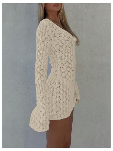 MakeMeChic Women's Beach Cover Up Crochet Mini Dress Small Apricot