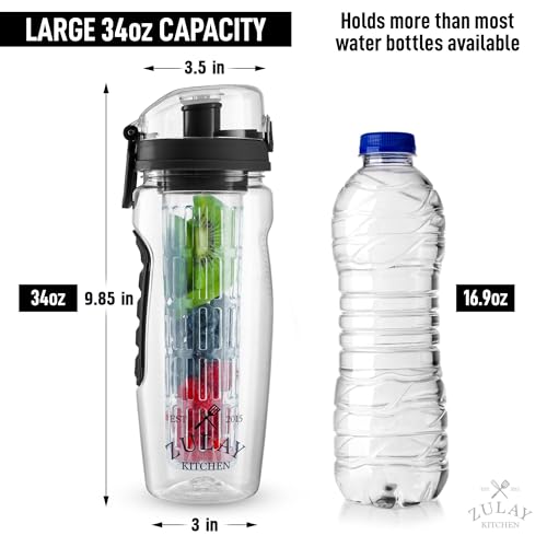 Zulay Fruit Infuser Water Bottle 34oz Jet Black Leakproof with Full-Length Infusion Rod