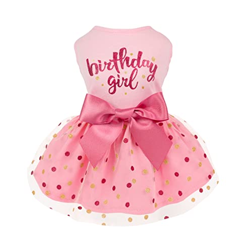 Fitwarm Medium Pink Birthday Girl Dog Tulle Dress for Small Dogs & Cats