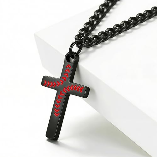Baseball Cross Necklace for Men - 18in Black Stainless Steel
