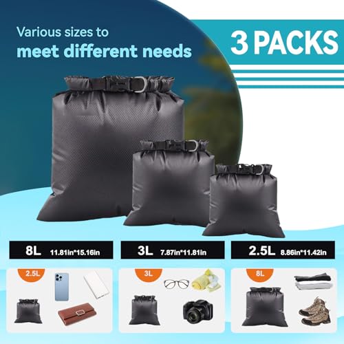 Waterproof Dry Bags Set - Lightweight 2.5L, 3L, 8L - All Black