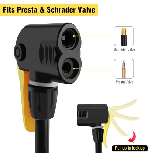 Portable Bike Pump - Hand Air Inflator for Presta & Schrader - Yellow