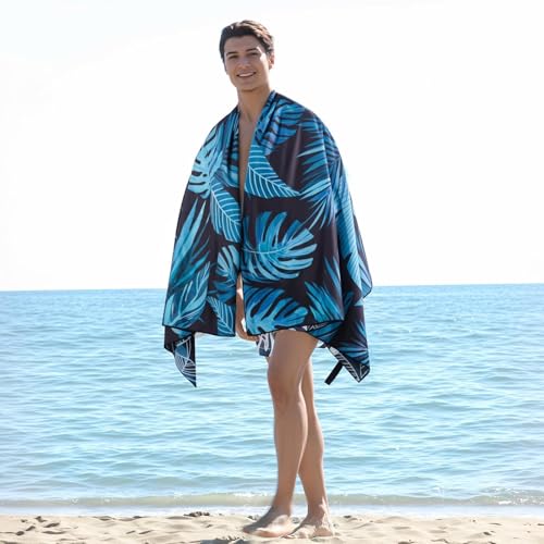 Oversized Microfiber Beach Towel - Blue Black Palm Leaf, 71"x35"