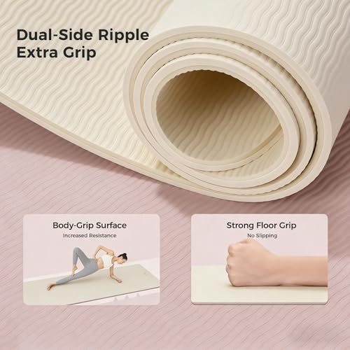 TPE Yoga Mat 72" x 24" Non-Slip 1/4 Inch Exercise Mat with Strap - Oat White