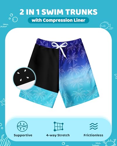 Latnnut Boys Swim Trunks with Compression Liner, Quick-Dry Bathing Suit with Pockets – Blue Coconut Tree, 9-10 Years