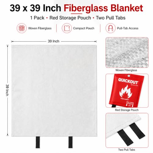 Fire Blanket for Kitchen & Home - 39 x 39 Inch Fiberglass with Pull Tabs
