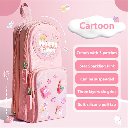 Large Capacity 3-Layer Pencil Case with 6 Compartments - B Pink